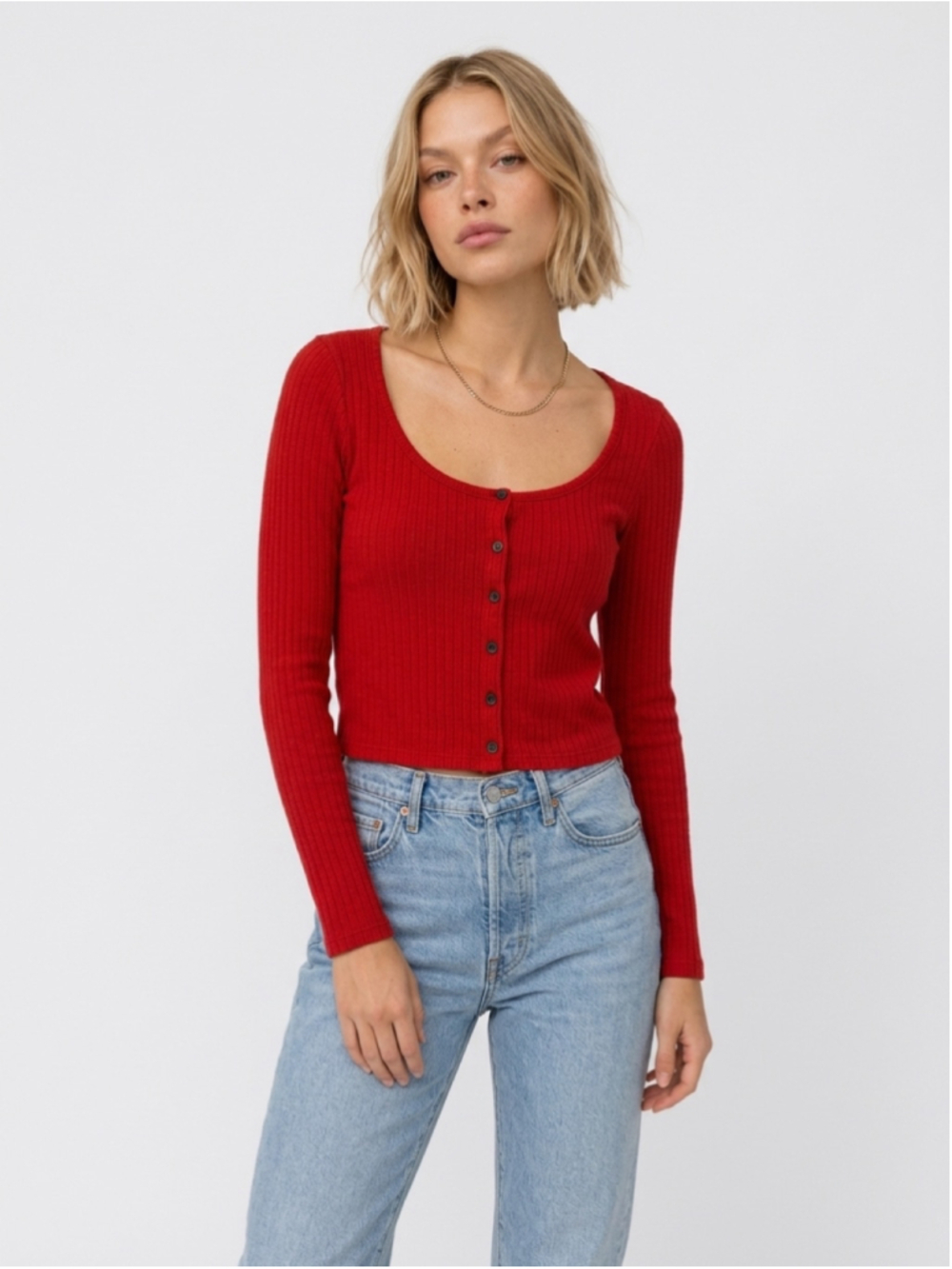 Madewell Ribbed Cardigan Crop Tee Scarlet Red XS Scoop Neck Button Front